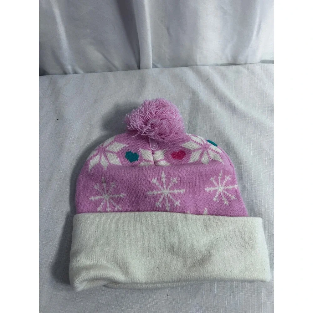 Hello Kitty Beanie OS Pink White Snowflake Pom Pom Knit Hat Kids